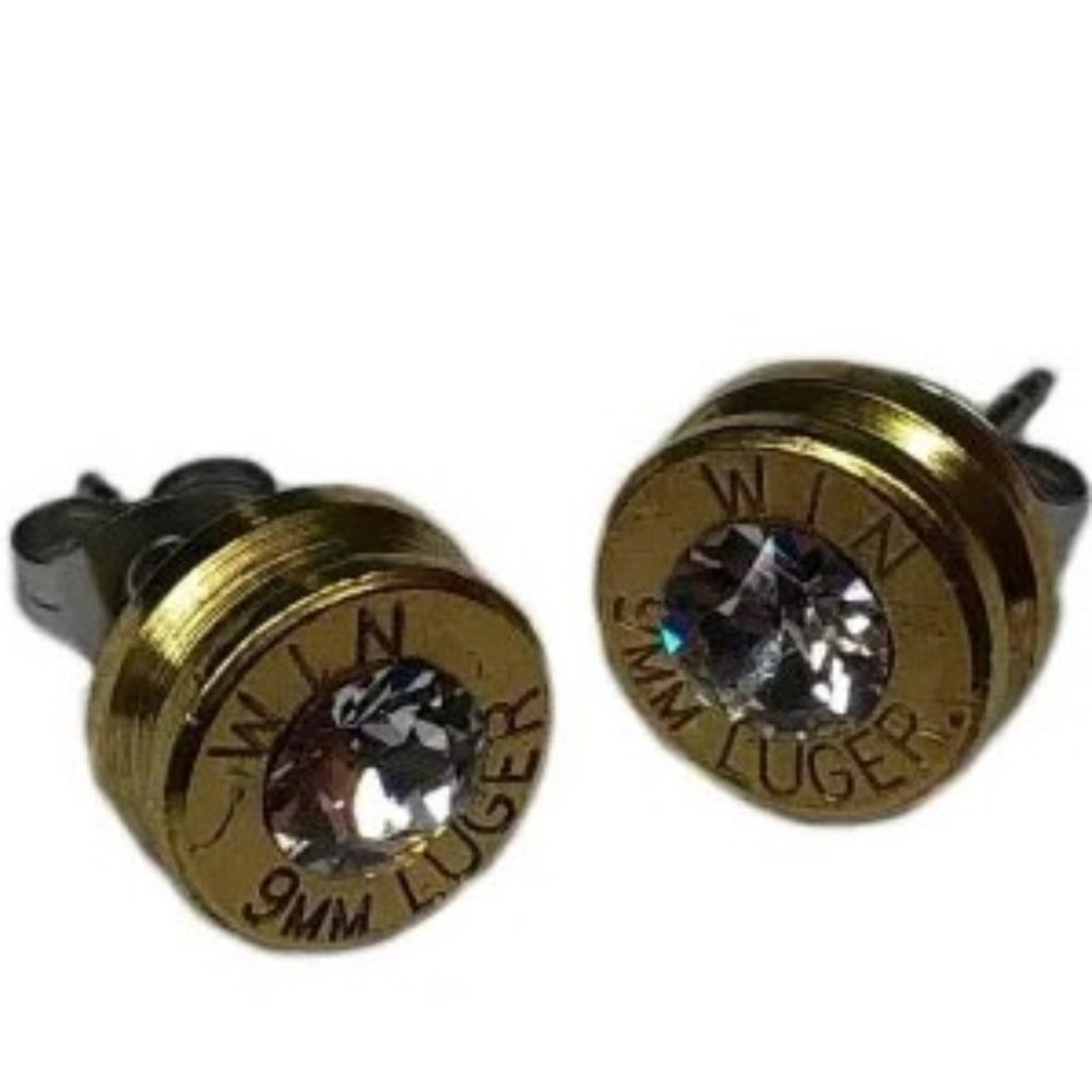 9mm Bullet Stud Earrings - Brass with Crystal setting